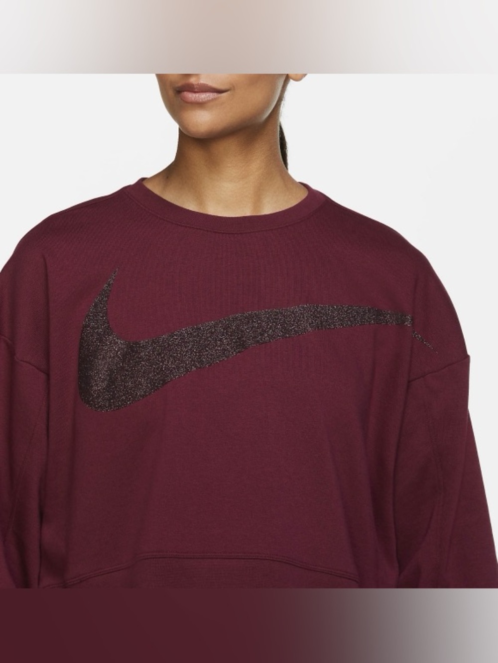 Nike Women's Burgundy Cropped Crew Sweatshirt with Glitter Swoosh - Picture 3 of 8